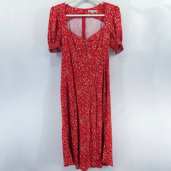 Reformation Lacey Dress Red Floral Midi Puff Sleeve Sweetheart Neck Size 10 - Picture 3 of 9